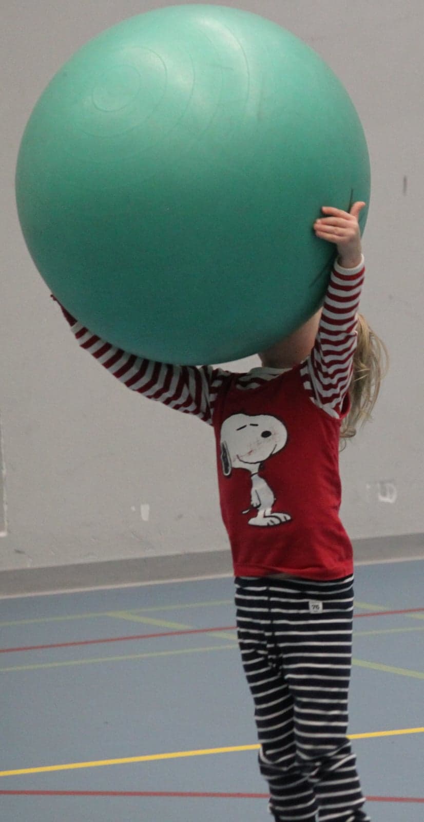 A young boy in a red shirt with a picture of the dog Ressu holds a large light-green exercise ball above his head.