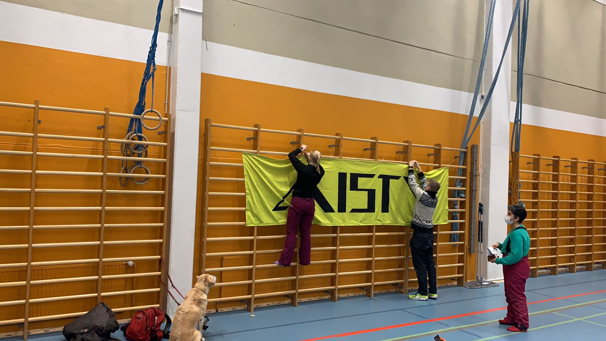 A man and a woman fasten a large banner to wall bars, reading 'Aisti' in black text in the centre against a flumino-coloured background. By the wall, a pale Labrador retriever watches the work.