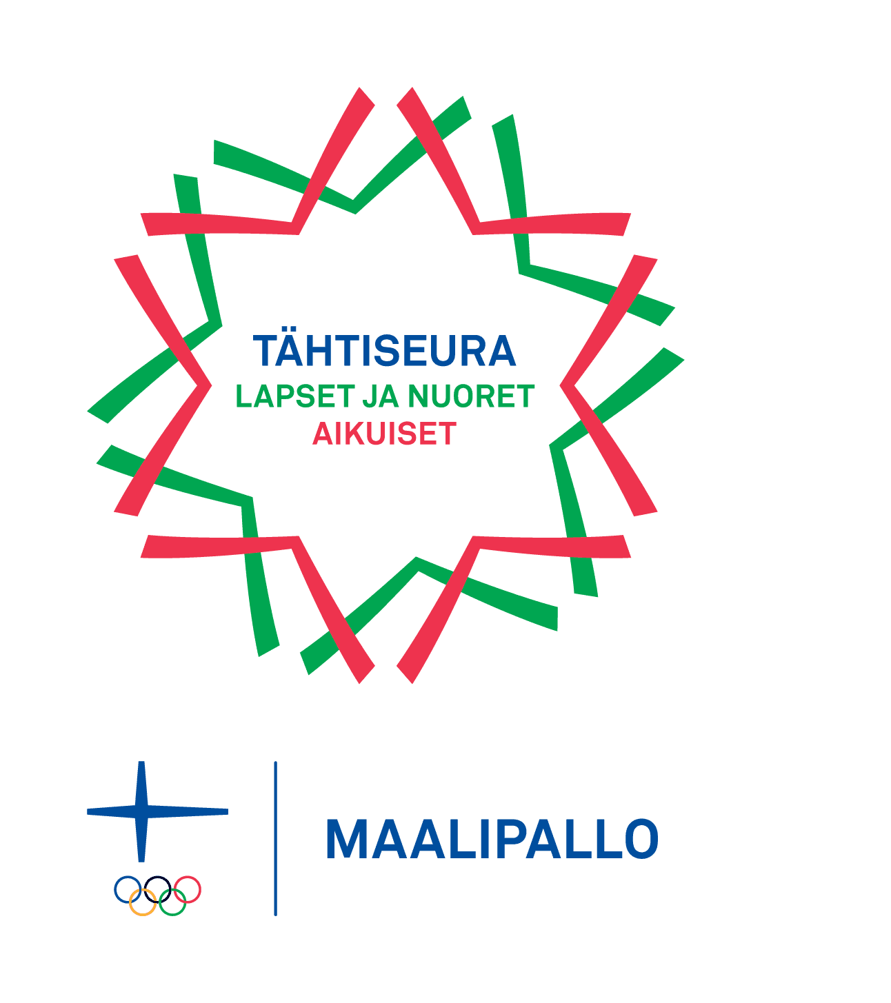 Tähtiseura-tunnus, jossa lukee Tähtiseura, lapset ja nuoret, aikuiset. Alla Olympiakomitean tunnus ja teksti maalipallo.