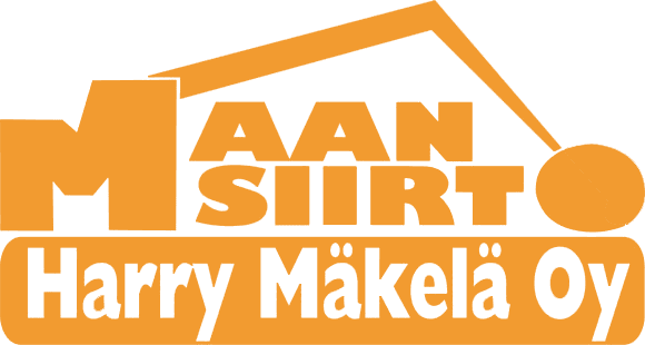 Maansiirto Harry Mäkelä Oy:n logo, jossa yrityksen nimi lukee oranssilla fontilla. Logon grafiikka on muotoiltu muistuttamaan kaivinkoneen kauhaa.