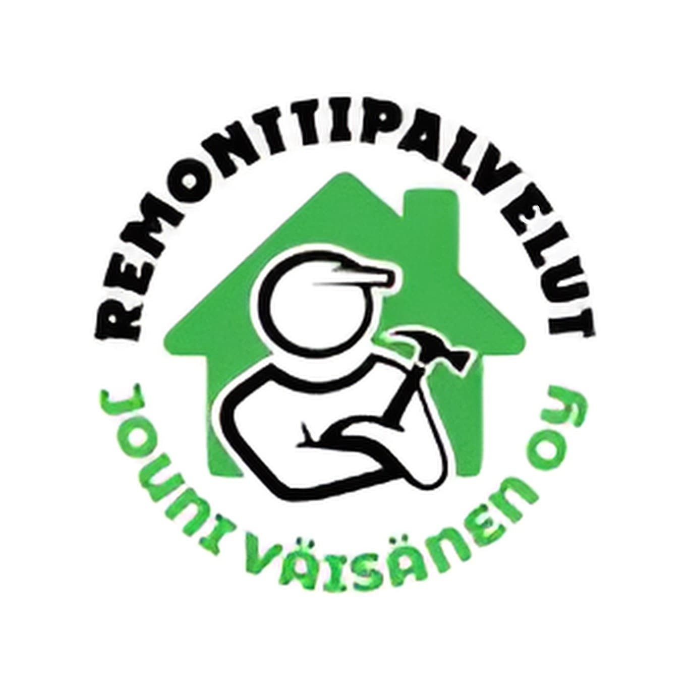 Remonttipalvelut Jouni Väisänen Oy logo jossa valkoinen hahmo seisoo kädet ristissä ja taustalla on vihreä talon siluetti.